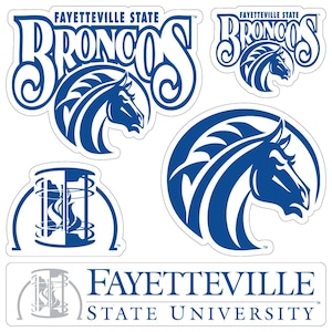 May include: A collection of blue and white Fayetteville State Broncos stickers. The stickers feature the team name and a horse head logo. Some stickers have the words "Fayetteville State" above the word "Broncos". One sticker has the words "Fayetteville State University".