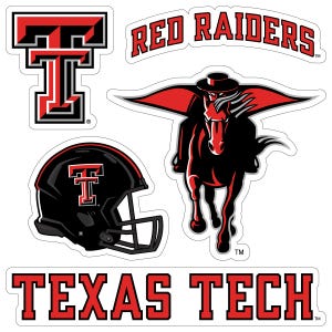 May include: A collection of Texas Tech Red Raiders stickers. Includes the team's logo, the words "Red Raiders" and "Texas Tech", and a black football helmet with a red "T". The image also features a graphic of a horse.
