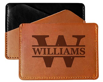 Cartera de cuero grabada personalizable Tarjetero minimalista personalizado con monograma de texto personalizado