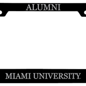 May include: Black metal license plate frame with the text "ALUMNI" at the top and "MIAMI UNIVERSITY" with the letter "M" on either side in silver.