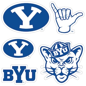 May include: A collection of die-cut stickers featuring the BYU logo and mascot. The stickers include the BYU oval logo, the hand sign, the BYU text, and the cougar mascot wearing a sailor hat. The stickers are white with blue accents.