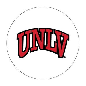 May include: A white circle with a red and black UNLV logo. The letters are in a bold, blocky font.