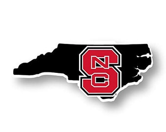 May include: A black silhouette of the state of North Carolina with a red and black "NC" logo in the centre.