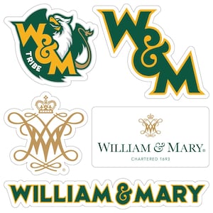 May include: A collection of William & Mary stickers in various designs. The stickers feature the school's logo, including the letters "W" and "M" in green and gold, a crest, and the words "William & Mary" in green. One sticker includes the word "Tribe".