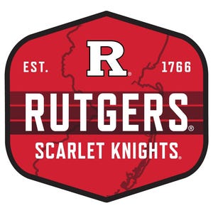 May include: A red and black shield-shaped logo with the text "RUTGERS SCARLET KNIGHTS." The letter "R" is in white, with the year "1766" and the words "EST." The logo has a black border and a map outline.