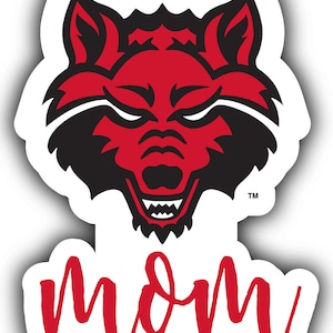 May include: Red and black wolf head mascot with the word "mom" written in red below it.