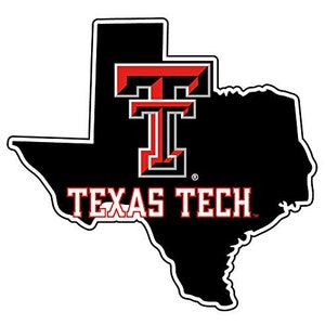 May include: A black and white graphic featuring the outline of Texas. The Texas Tech logo is in the center, with a red and black "T" and the words "TEXAS TECH" in red. The design is a sticker or decal.