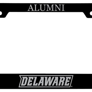 May include: Black metal license plate frame with a silver 'ALUMNI' inscription at the top and a silver 'DELAWARE' inscription at the bottom. The frame features a silver stylized bird mascot on each side.
