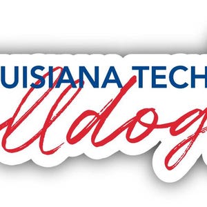 May include: A white sticker with the words "LOUISIANA TECH Bulldogs" in red script and blue block letters. A floral design with red flowers and blue accents is on the right side of the sticker.