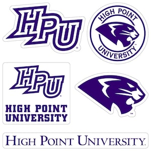 May include: A collection of purple and white High Point University stickers. The stickers feature the letters "HPU", a panther logo, and the words "High Point University". The stickers are in various shapes, including a rectangle, a square, and a circle.