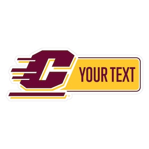 May include: A sticker featuring a maroon and gold design. The design includes a stylized letter "C" with speed lines, and a gold rectangle with the text "YOUR TEXT" in maroon. The sticker has a white border.