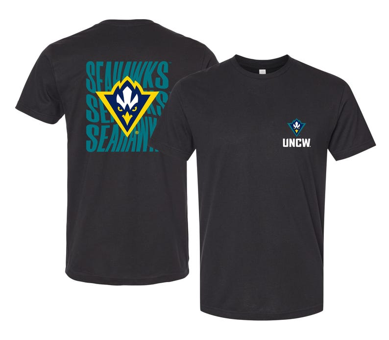 North Carolina Wilmington Seahawks Unisex T-Shirt – Left Chest and Large Back Ripple Design Black