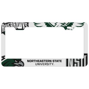 May include: A rectangular license plate frame featuring the Northeastern State University logo and the text Riverhawks. The design includes a green and white color scheme with a stylized bird mascot graphic and the university name printed clearly.