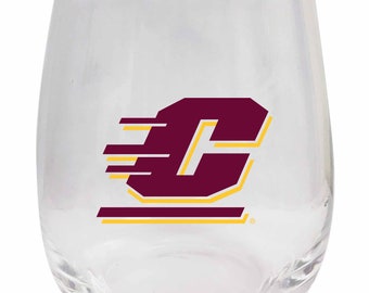 May include: A clear glass stemless wine glass with a maroon and gold University of Cincinnati logo.