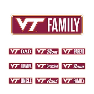 May include: A collection of maroon and orange stickers featuring the text "VT FAMILY" and other family member titles. The stickers have a white border and the VT logo.