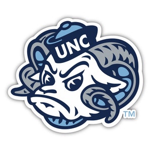 May include: A white ram mascot with a blue and gray hat that says "UNC" on it. The mascot has a grumpy expression and is wearing a blue and gray hat. The image has a white background and a "TM" in the bottom right corner.