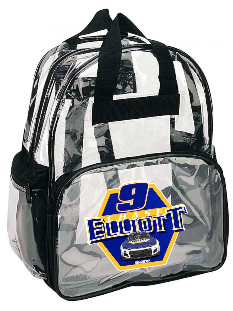 May include: Clear plastic backpack with black straps and a black zipper. The front pocket has a printed image of a race car with the number 9 and the text "Chase Elliott" and "NASCAR".