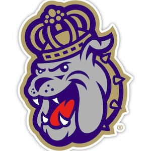 May include: A purple and gold bulldog mascot with a gold crown on its head. The bulldog is snarling with its mouth open and teeth showing. The mascot is surrounded by a gold circle with spikes.