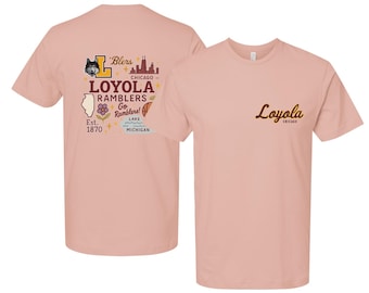 Loyola University Ramblers Officially Licensed Unisex T-Shirt – Left Chest and Large Back, Medley Design