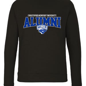 May include: A black long-sleeve crewneck sweatshirt featuring the text CHRISTOPHER NEWPORT UNIVERSITY in white, with the word ALUMNI in large blue letters below it, and a blue and white CNU mascot logo centered at the bottom of the graphic.