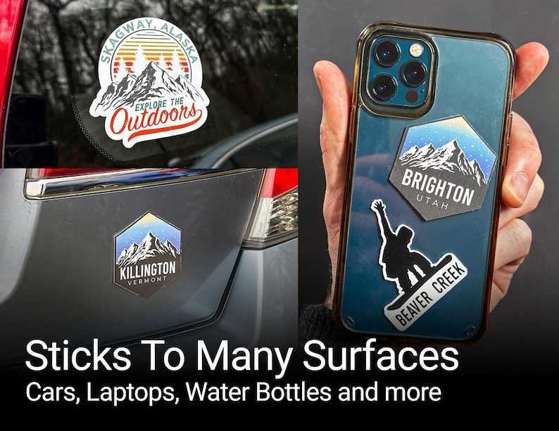 a person holding up a phone case with stickers on it