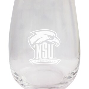 May include: Clear glass stemless wine glass with a white etched design of a hawk and the text "NSU Riverhawks".