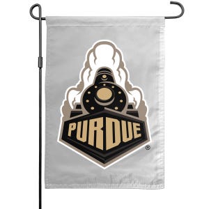 May include: A gray garden flag featuring a stylized train design with the word "PURDUE" in gold and black. The flag is attached to a black metal pole and hook for easy display.