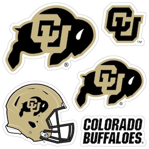 May include: A collection of stickers featuring the Colorado Buffaloes logo and team name. The stickers include the team's buffalo mascot in black and gold, a gold football helmet, and the CU logo.