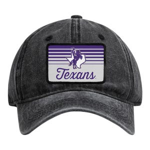 May include: A charcoal grey baseball cap with a rectangular patch on the front. The patch features a purple and white striped background, a purple silhouette of a person riding a horse over a map of Texas, and the purple text Texans below.