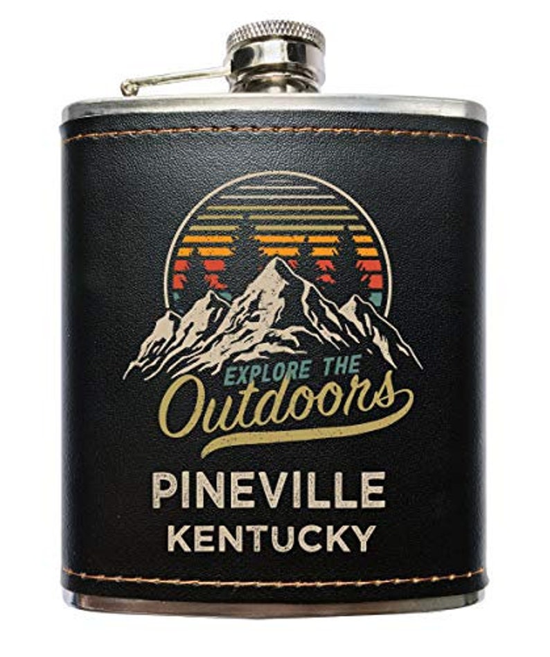 Pineville Kentucky Explore the Outdoors Souvenir Black Leather Wrapped Stainless Steel 7 oz Flask