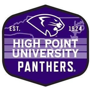 May include: A purple and white High Point University Panthers logo. The logo is in the shape of a shield with a black border. The logo includes the text "HIGH POINT UNIVERSITY PANTHERS" and a panther head.