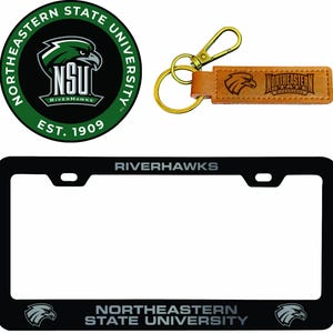 May include: A collection of Northeastern State University merchandise. Includes a round green and black sticker, a brown leather keychain, and a black license plate frame. The items feature the university logo and the text "Riverhawks".