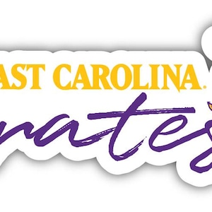 May include: A white sticker with the words "EAST CAROLINA Pirates" in yellow and purple script. A floral design with yellow flowers and purple accents is on the right side of the sticker.