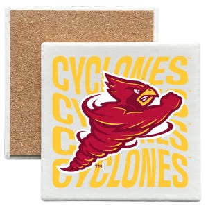 May include: A square white coaster with a cork backing featuring a red and yellow cardinal mascot graphic in a tornado shape. The word CYCLONES is printed in large yellow letters in the background behind the mascot. The design includes a small TM symbol.