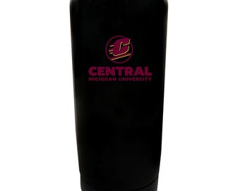 May include: Black stainless steel tumbler with a pink and gold Central Michigan University logo. The logo features a stylized "C" with a lightning bolt.