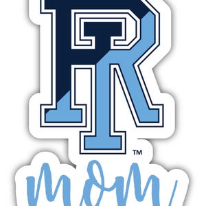 May include: A blue and white sticker with a stylized letter "R" and the word "mom" underneath. The "R" is outlined in black and has a white outline inside. The "mom" is in a light blue cursive font.