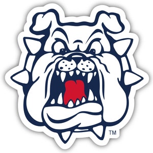 May include: A white bulldog mascot with a blue outline and red tongue, snarling with its mouth open, showing its teeth. The bulldog has spikes around its head and neck. The mascot has a trademark symbol below it.