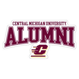 Puede incluir: Una pegatina granate con las palabras "CENTRAL MICHIGAN UNIVERSITY" sobre la palabra "ALUMNI". Una "C" granate con detalles dorados debajo. La pegatina tiene un borde y fondo blancos.