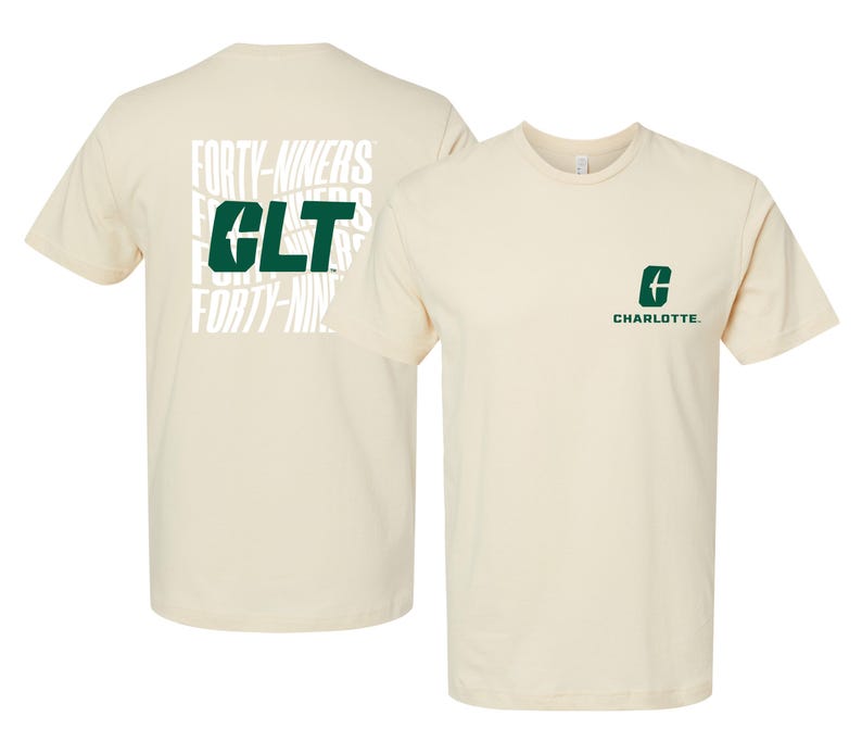 North Carolina Charlotte Forty-Niners Unisex T-Shirt – Left Chest and Large Back Ripple Design Natural