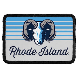 May include: A rectangular patch with a black stitched border featuring a light blue and white horizontal striped background. A dark blue and white ram head logo is centered above the dark blue cursive text that reads Rhode Island.