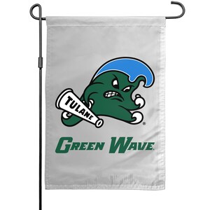 May include: A white garden flag featuring the Tulane Green Wave logo. The logo includes a green wave character with a blue wave crest, holding a megaphone with "TULANE" printed on it. The words "Green Wave" are printed in green below the logo.