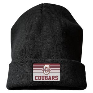 May include: A black knit beanie featuring a rectangular patch on the cuff. The patch displays a maroon and white design with the letter C, the word CHARLESTON, and the word COUGARS in bold maroon lettering against a striped background.