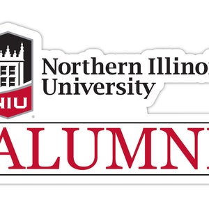 May include: A white sticker with a black and red logo for Northern Illinois University Alumni. The logo features a black building with a red shield that says "NIU" in white letters. The text "Northern Illinois University" is in black letters and the text "ALUMNI" is in red letters.