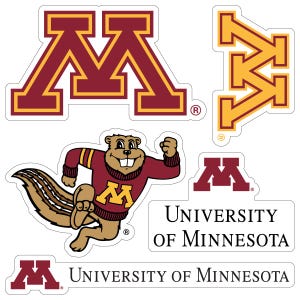 May include: A collection of die-cut stickers featuring the University of Minnesota logo and mascot. The stickers include the block "M" logo in maroon and gold, a gold arrow logo, and a cartoon gopher wearing a maroon sweater with the "M" logo.