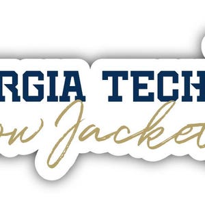 May include: A white sticker with the words "GEORGIA TECH" in navy blue block letters above "Yellow Jackets" in gold script. A floral design with gold and navy blue flowers and leaves is on the right.