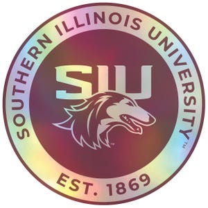 May include: A circular, iridescent sticker with the text "Southern Illinois University" and "SIU" in a white font. A stylized grey wolf head is in the center of the sticker. The text "Est. 1869" is at the bottom of the sticker.