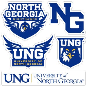 May include: A collection of blue and white stickers featuring the University of North Georgia's logos. The stickers include the words "North Georgia Nighthawks" and "UNG" with a stylized eagle graphic. The stickers are die-cut.
