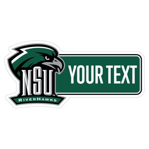 May include: A white sticker with a green and black logo of an eagle's head and the letters "NSU" in white. Below the letters is the text "RIVERHAWKS". To the right is a green rectangle with the words "YOUR TEXT" in white.