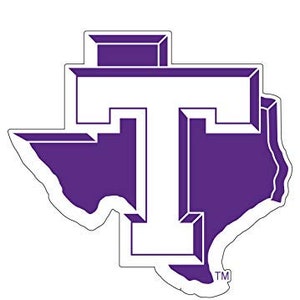 May include: Purple and white Texas Tech University logo with a stylized 'T' inside the outline of the state of Texas. The logo has a white 'TM' in the lower right corner.