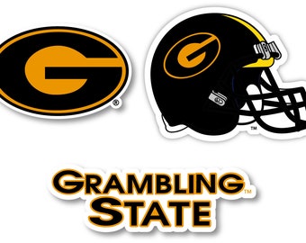 May include: A black and gold Grambling State University logo with a stylized "G" in an oval shape. The logo is also shown on a black football helmet with a yellow stripe and a black face mask. The text "GRAMBLING STATE" is shown in black letters with a gold outline.